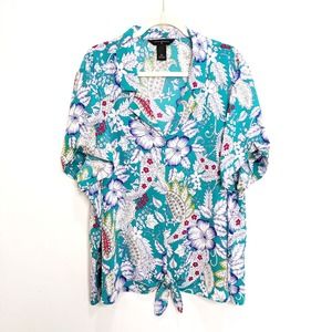 Investments Womens 3X Plus Size Floral Blouse Short Sleeve Tie Knot Tropical